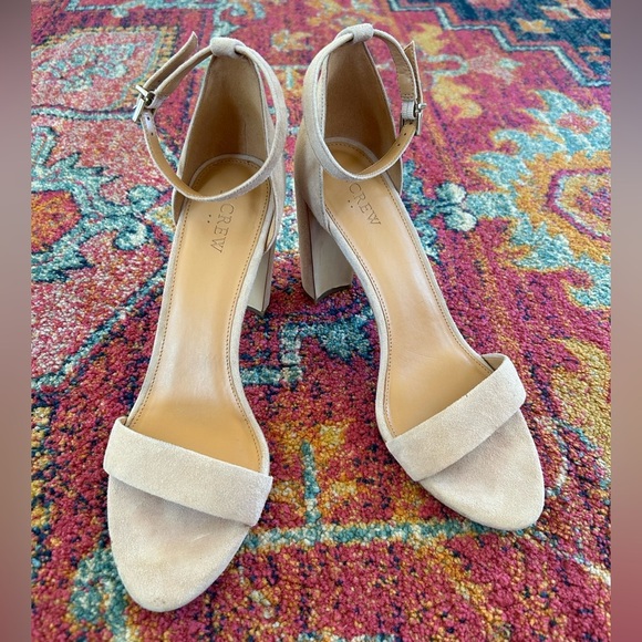 J. Crew | Women’s tan suede open toe Rafia chunky heels, ankle strap/buckle sz11 - Picture 4 of 12